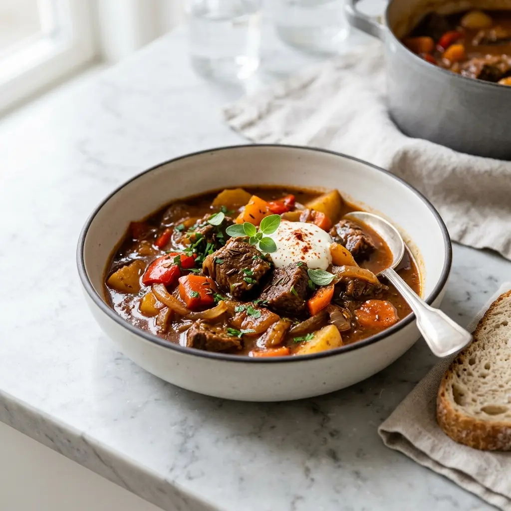 Gulasch fertig als Gericht serviert