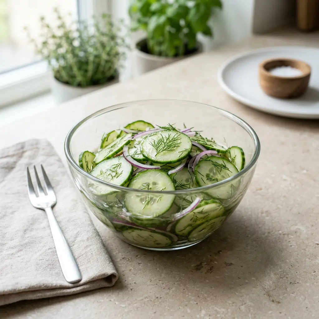 Frische Portion Gurkensalat mit ansprechender hausgemachter Präsentation