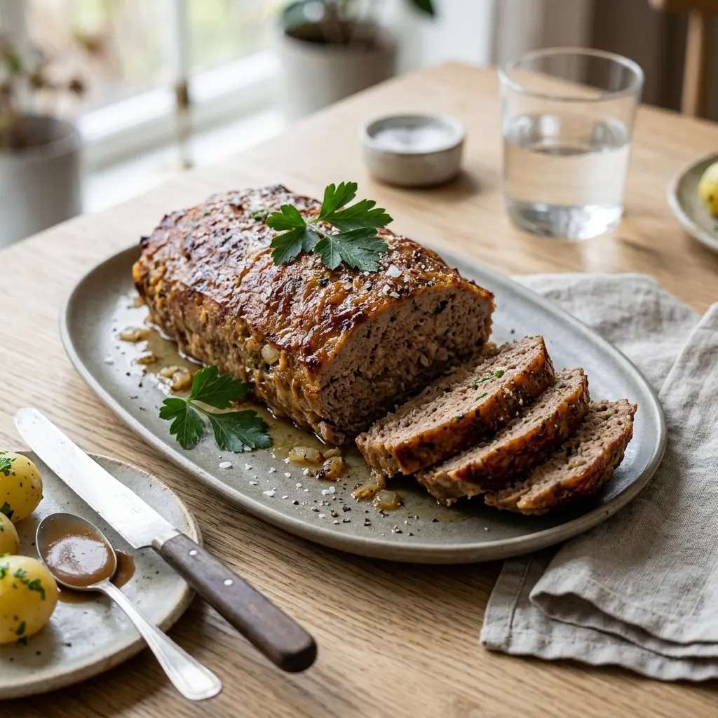 Hackbraten mit Rindfleisch fertig als Gericht serviert