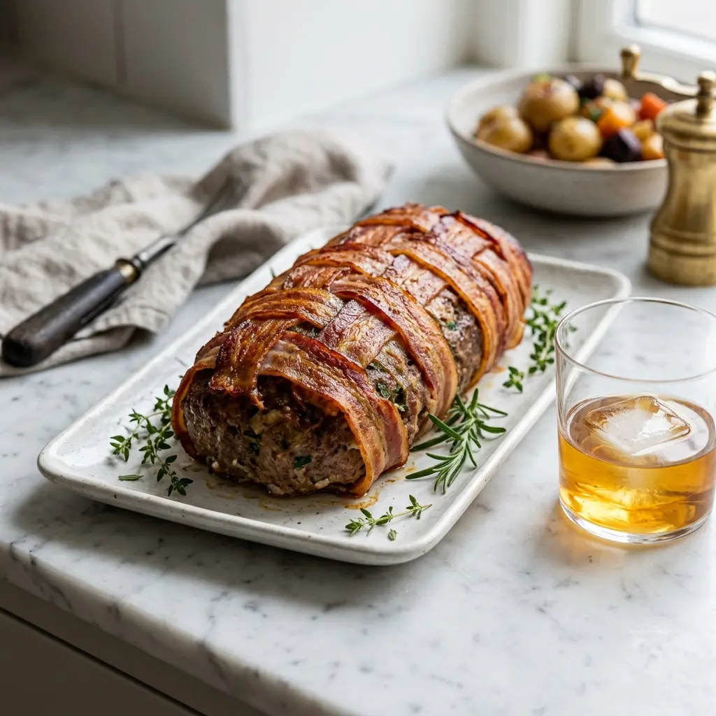 Hackbraten mit Speck fertig als Gericht serviert
