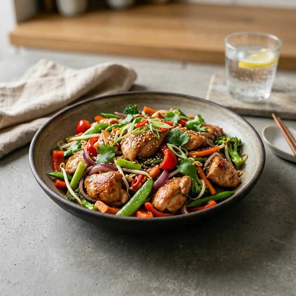 Hähnchen aus dem Wok fertig als Gericht serviert