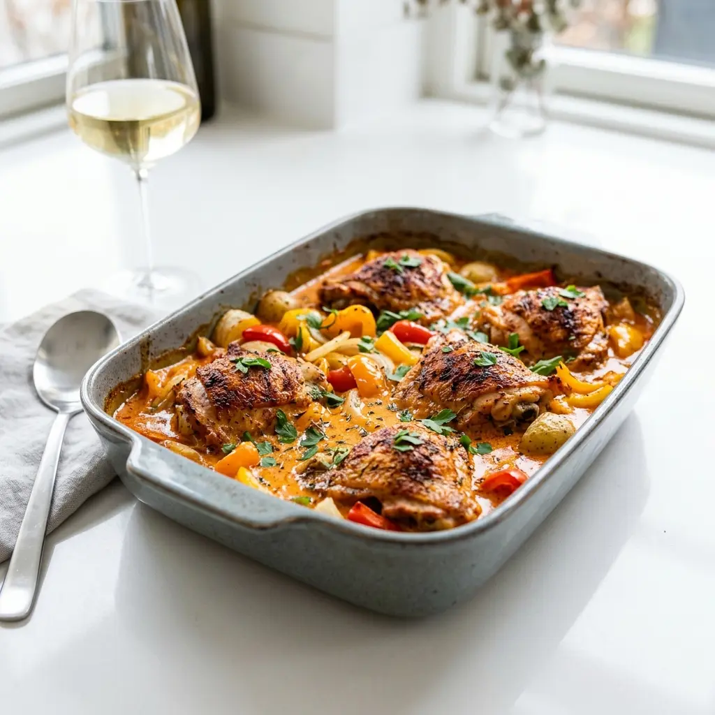 Hähnchen aus der Auflaufform mit Paprika fertig als Gericht serviert