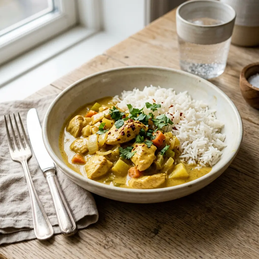 Hähnchen in Curry fertig als Gericht serviert