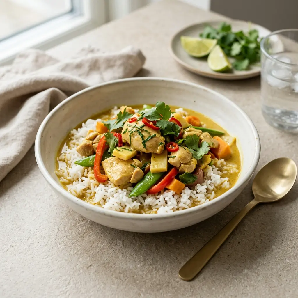 Hähnchen in gelbem Curry fertig als Gericht serviert
