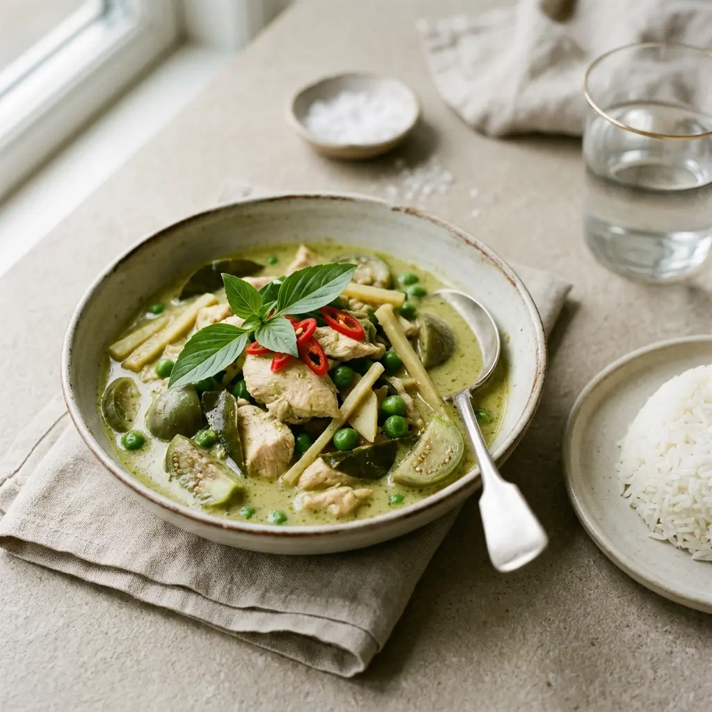 Hähnchen in grünem Curry fertig als Gericht serviert