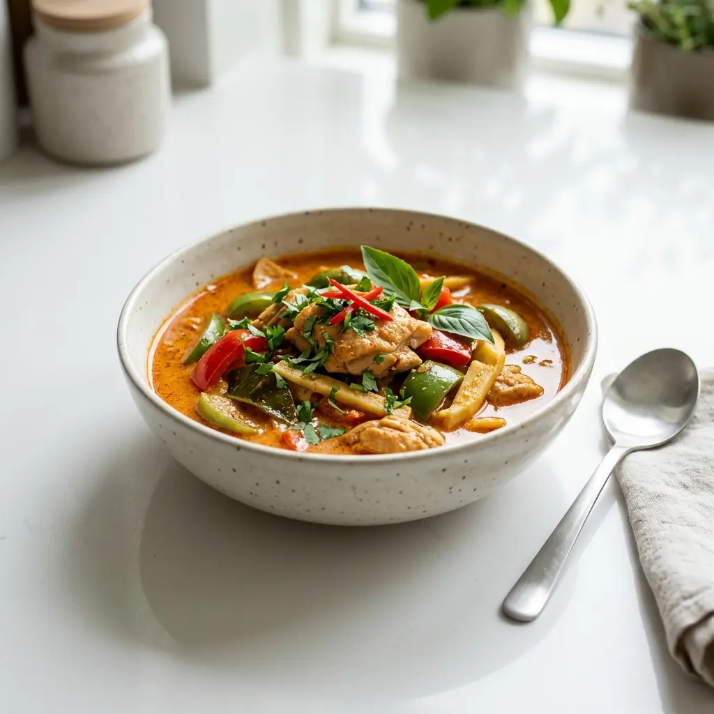 Hähnchen in rotem Curry fertig als Gericht serviert