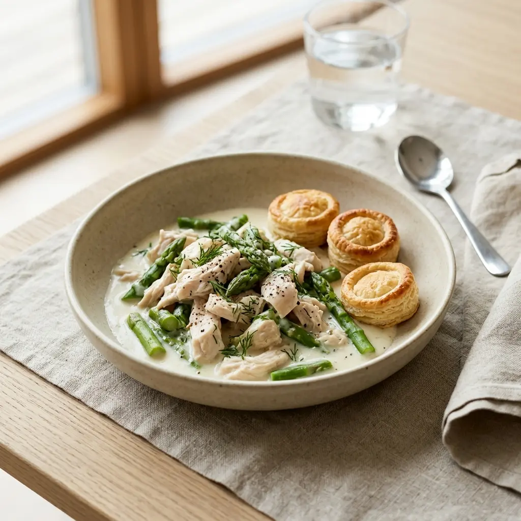 Hähnchen in Spargel fertig als Gericht serviert