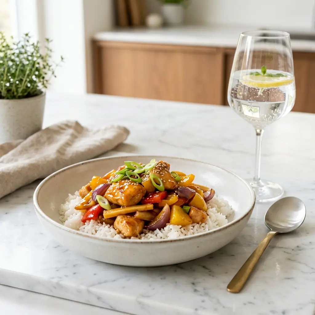 Hähnchen in süß-saurer Sauce fertig als Gericht serviert