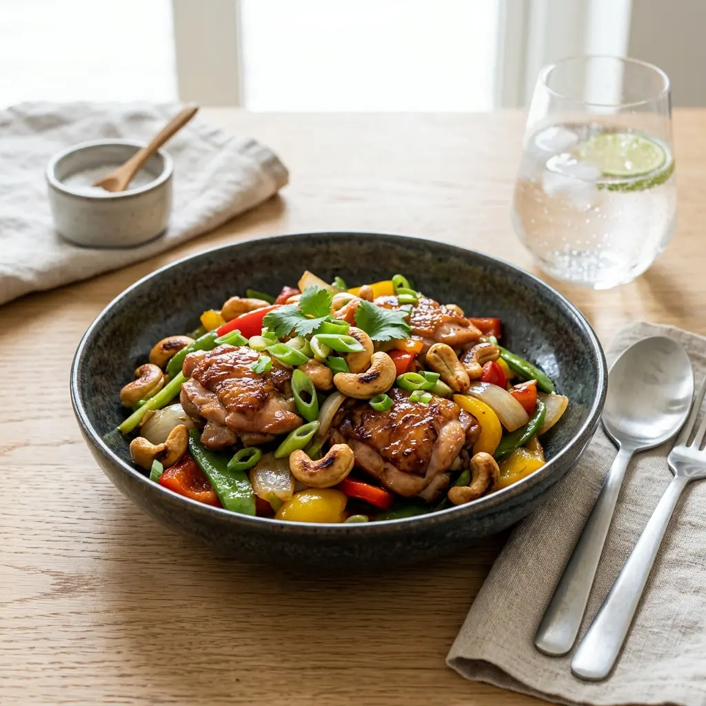 Hähnchen mit Cashewnüssen fertig als Gericht serviert
