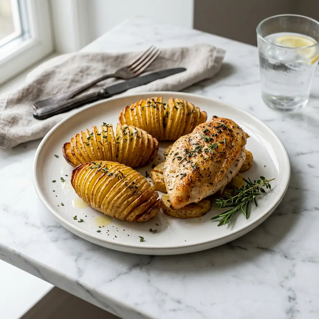 Hähnchen mit Hasselback-Kartoffeln fertig als Gericht serviert