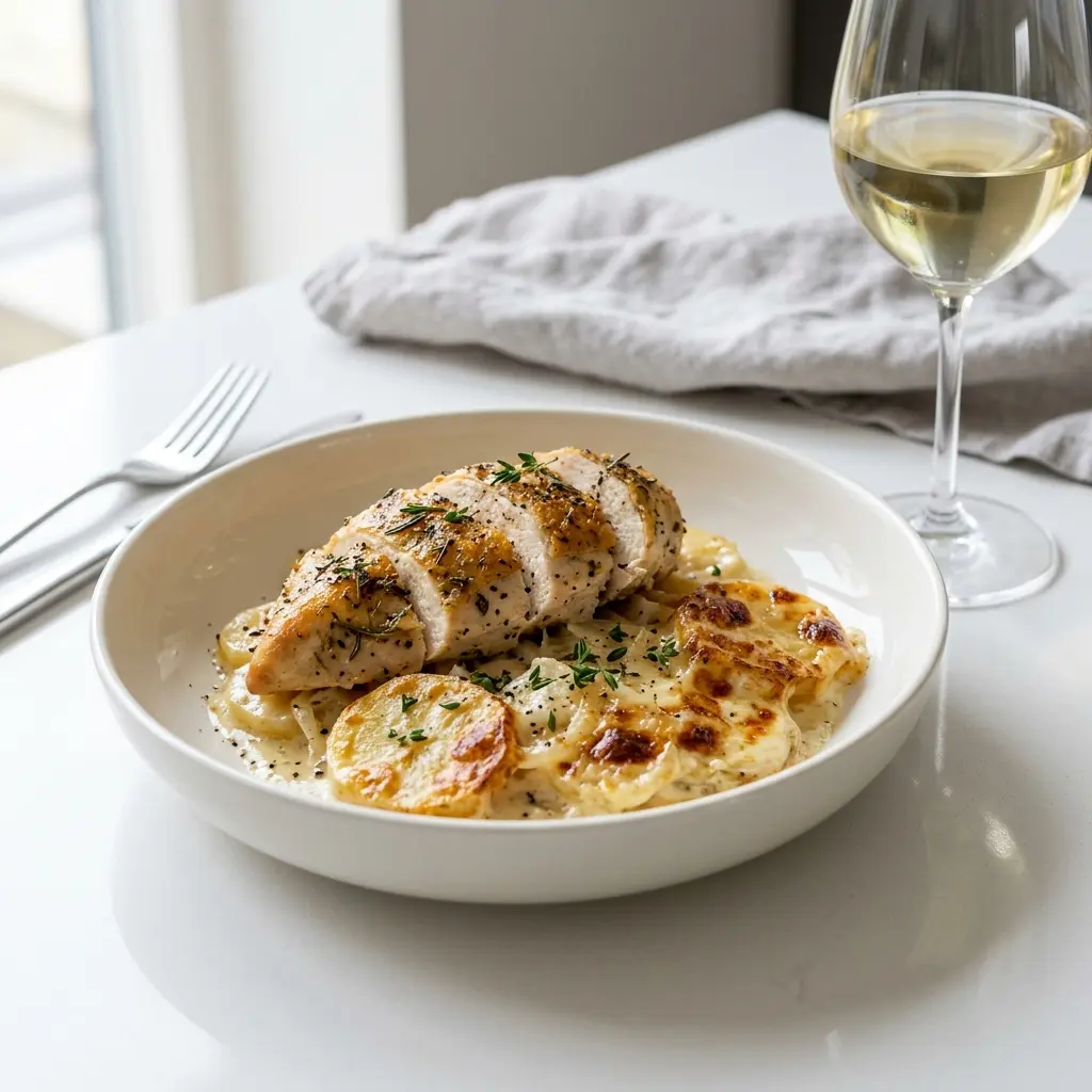Hähnchen mit Kartoffelgratin fertig als Gericht serviert