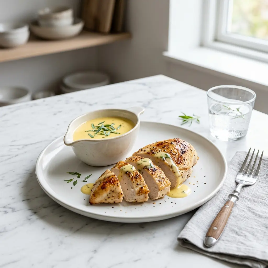 Hähnchen mit Sauce Béarnaise fertig als Gericht serviert