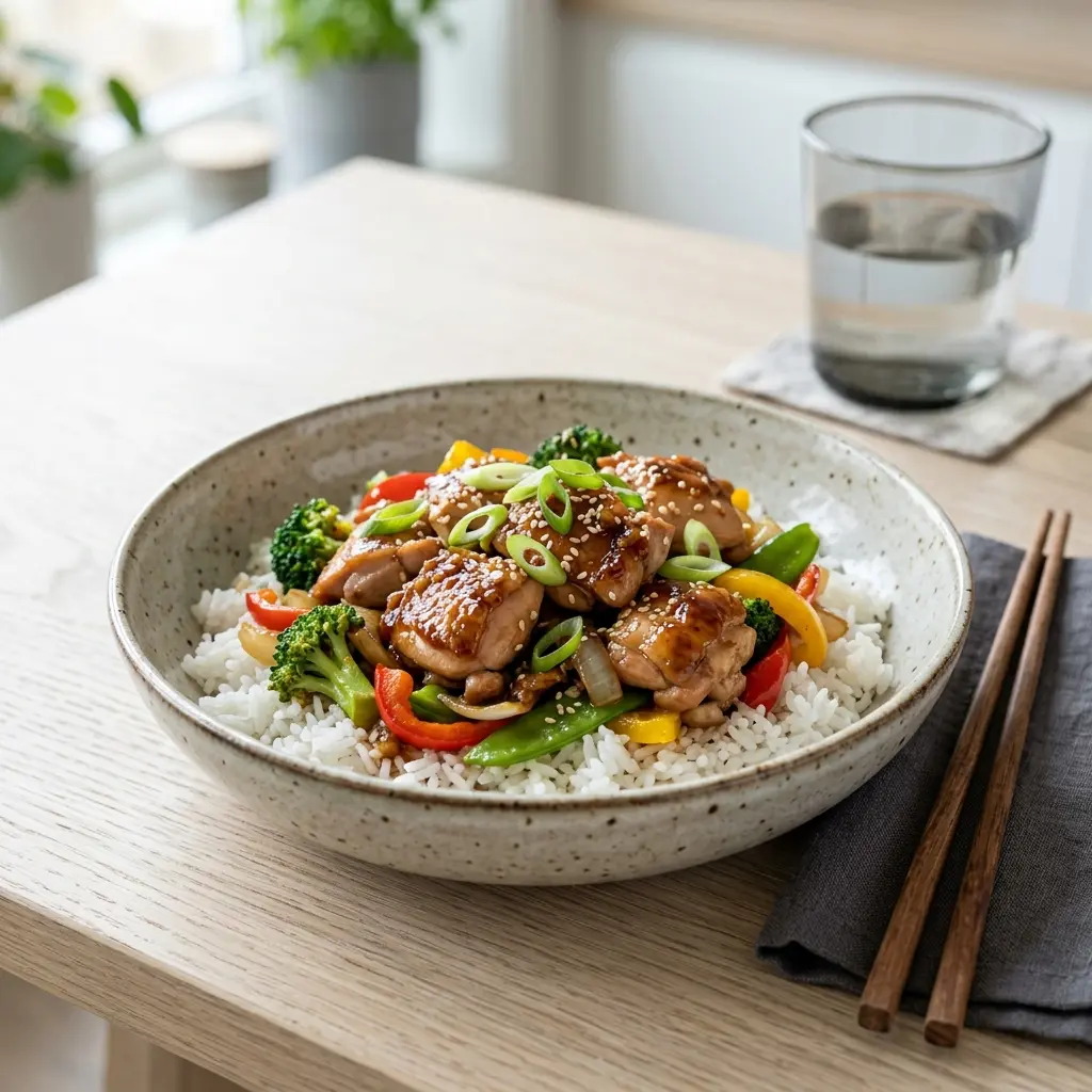 Hähnchen mit Teriyaki fertig als Gericht serviert