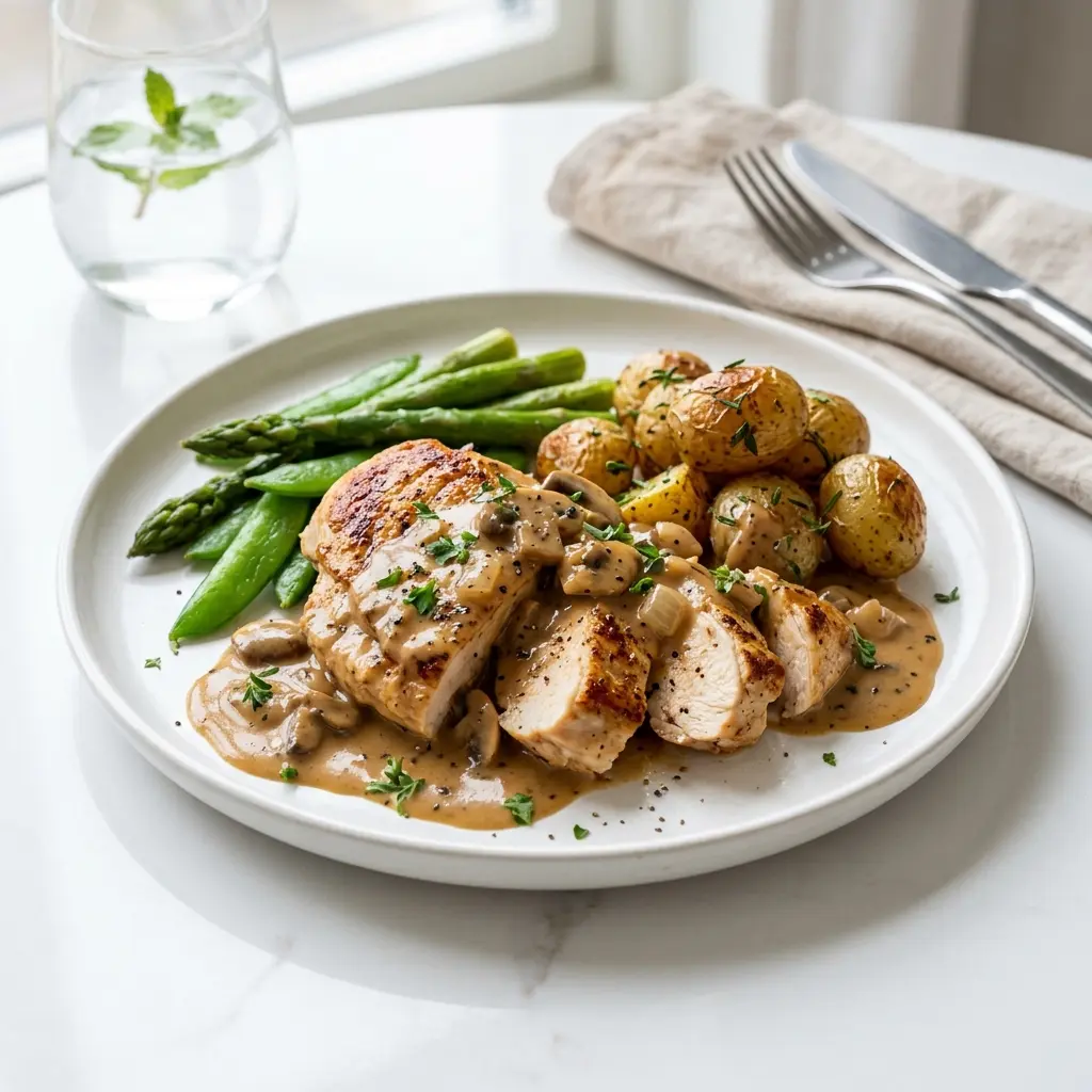 Hähnchen mit Whiskysauce fertig als Gericht serviert