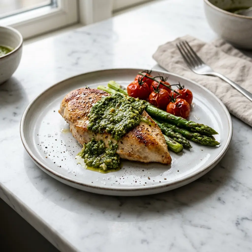 Hähnchenbrust mit Pesto fertig als Gericht serviert