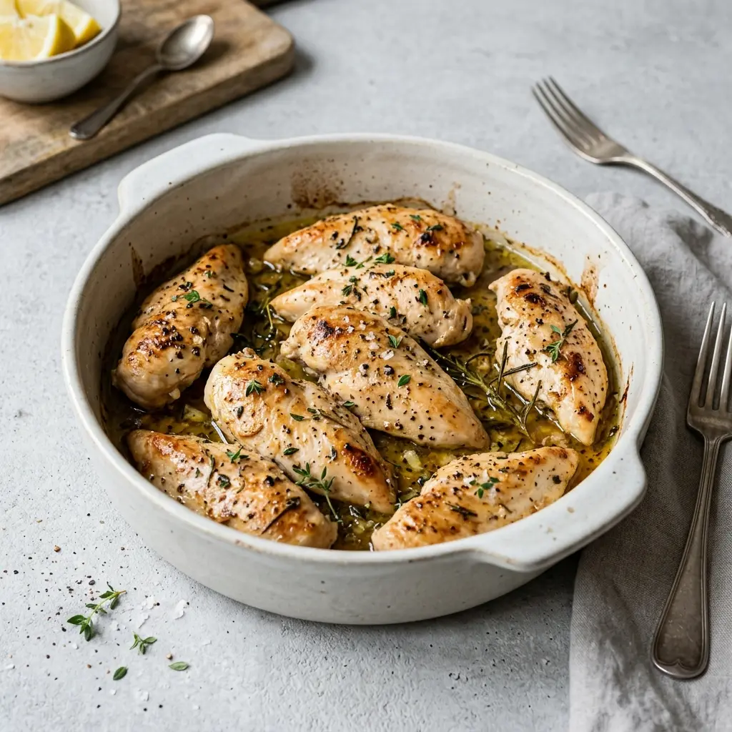 Hähncheninnenfilet aus dem Ofen fertig als Gericht serviert