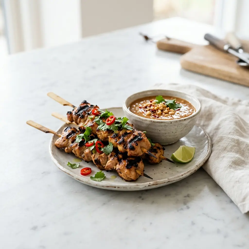 Hähnchensatay fertig als Gericht serviert