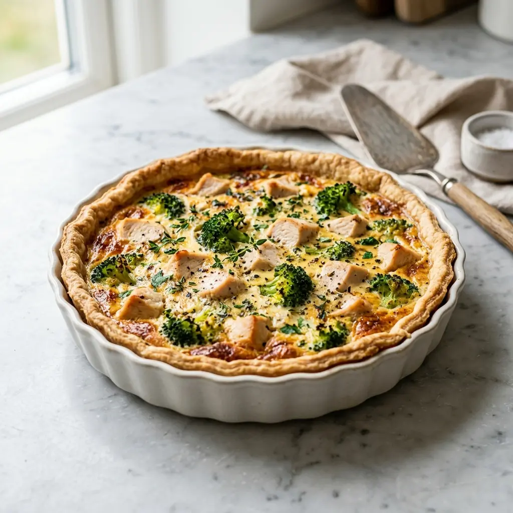 Hähnchentarte mit Brokkoli fertig als Gericht serviert