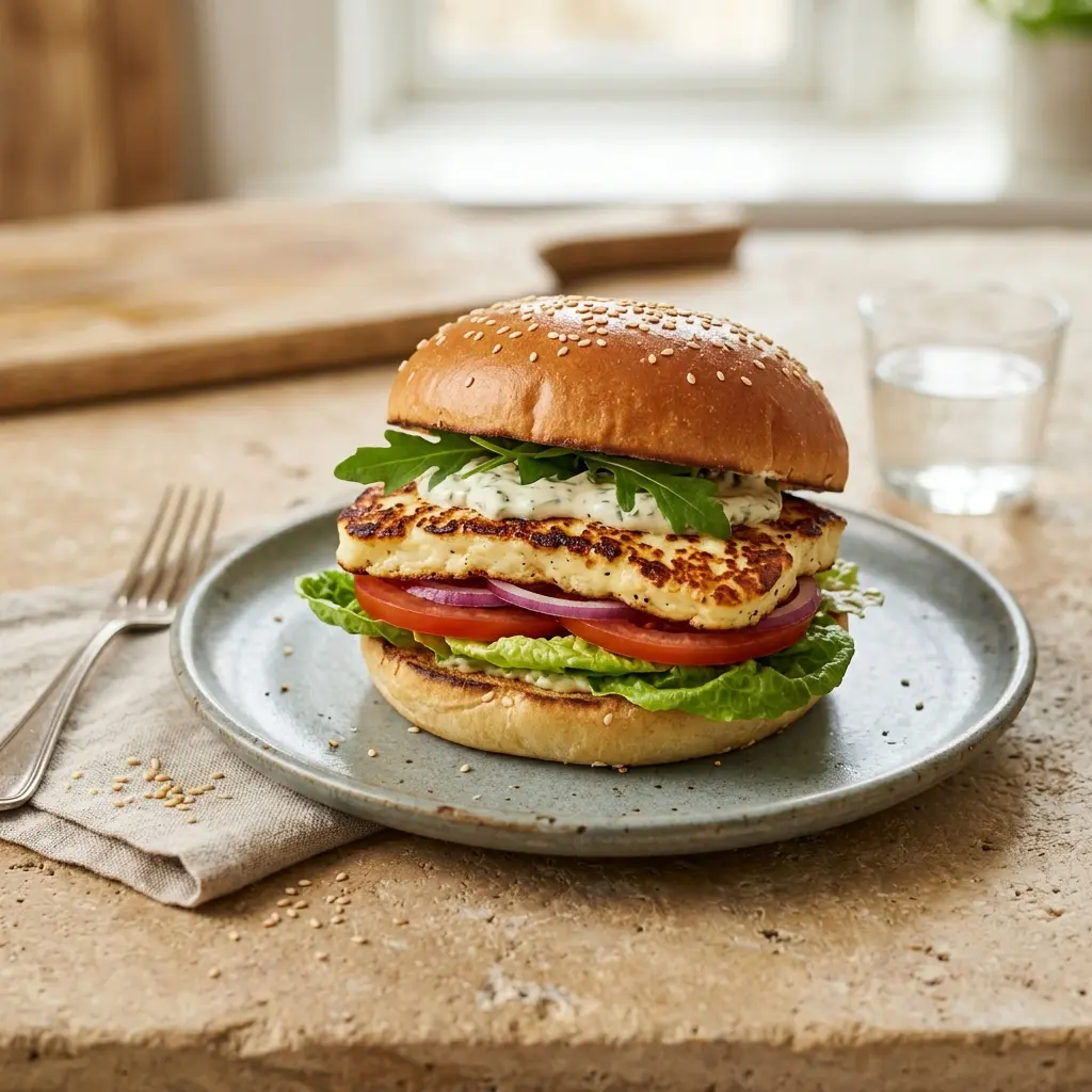 Halloumi-Burger fertig gebacken und serviert