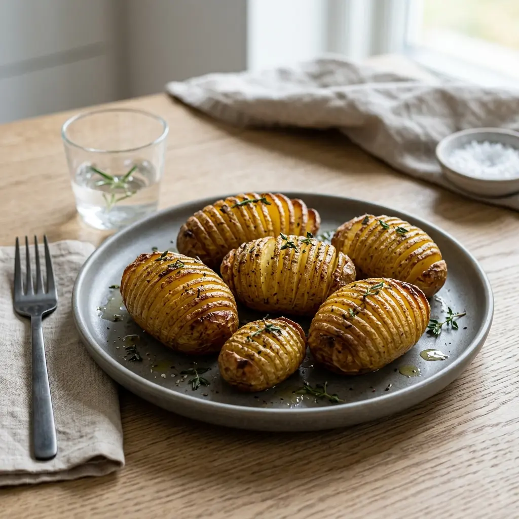 Hasselback-Kartoffeln aus dem Ofen fertig als Gericht serviert