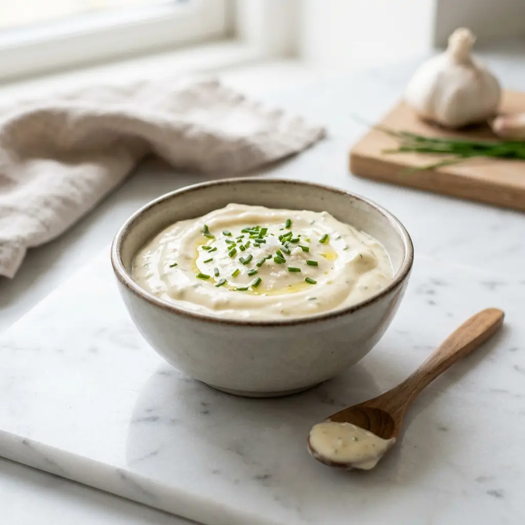 Eine Schale Hausgemachte Aioli als geschmackvolle Beilage serviert