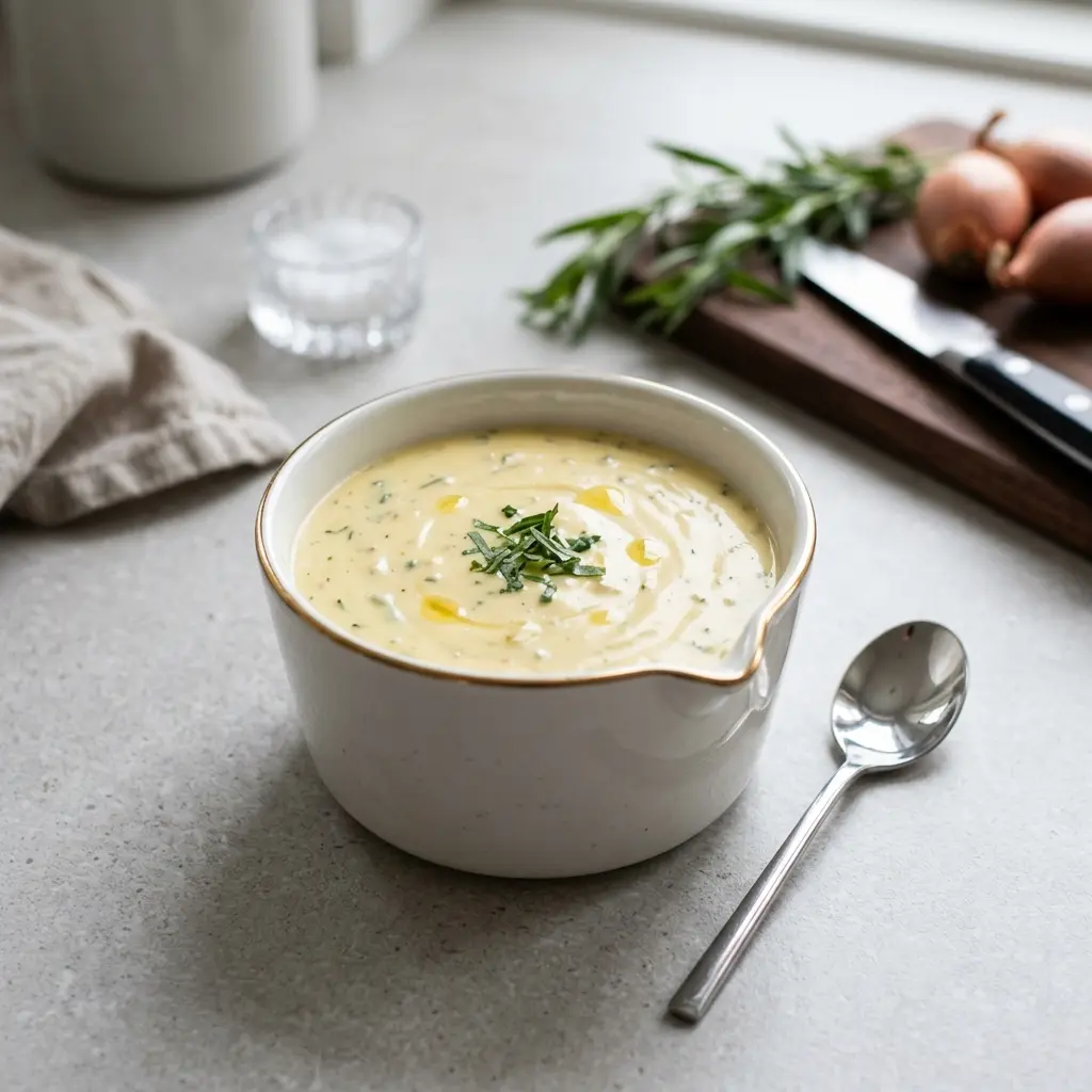Hausgemachte Béarnaise fertig als Gericht serviert