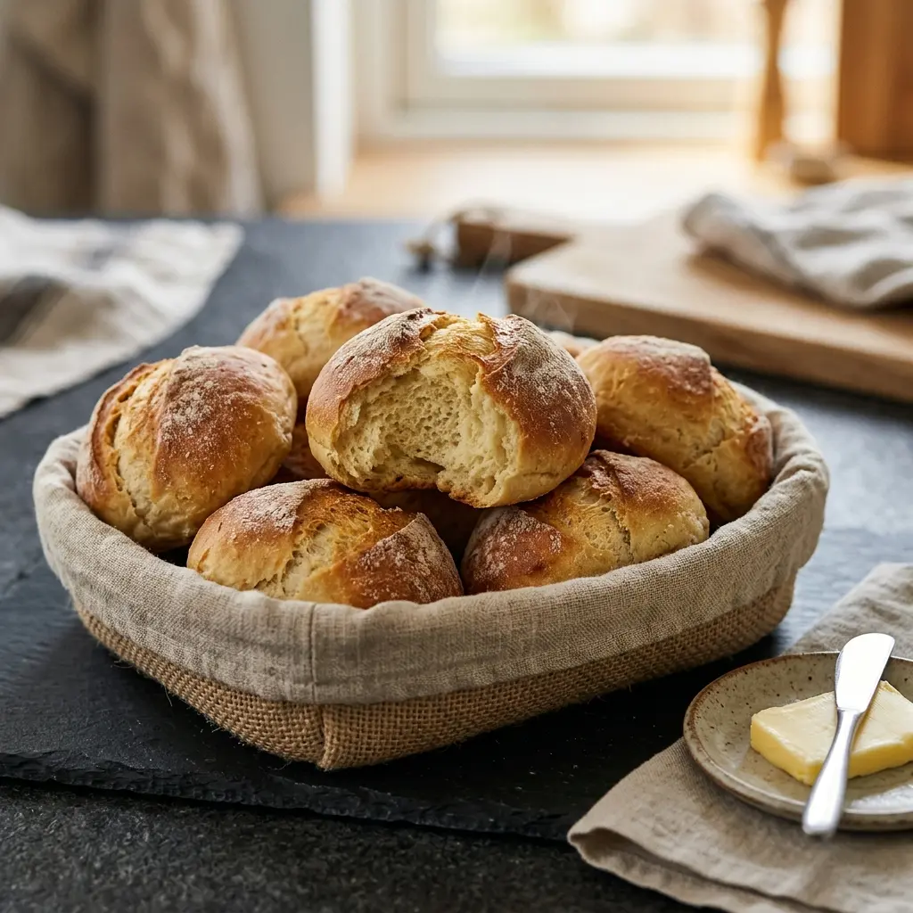 Serviervorschlag für Hausgemachte Brötchen frisch und appetitlich angerichtet