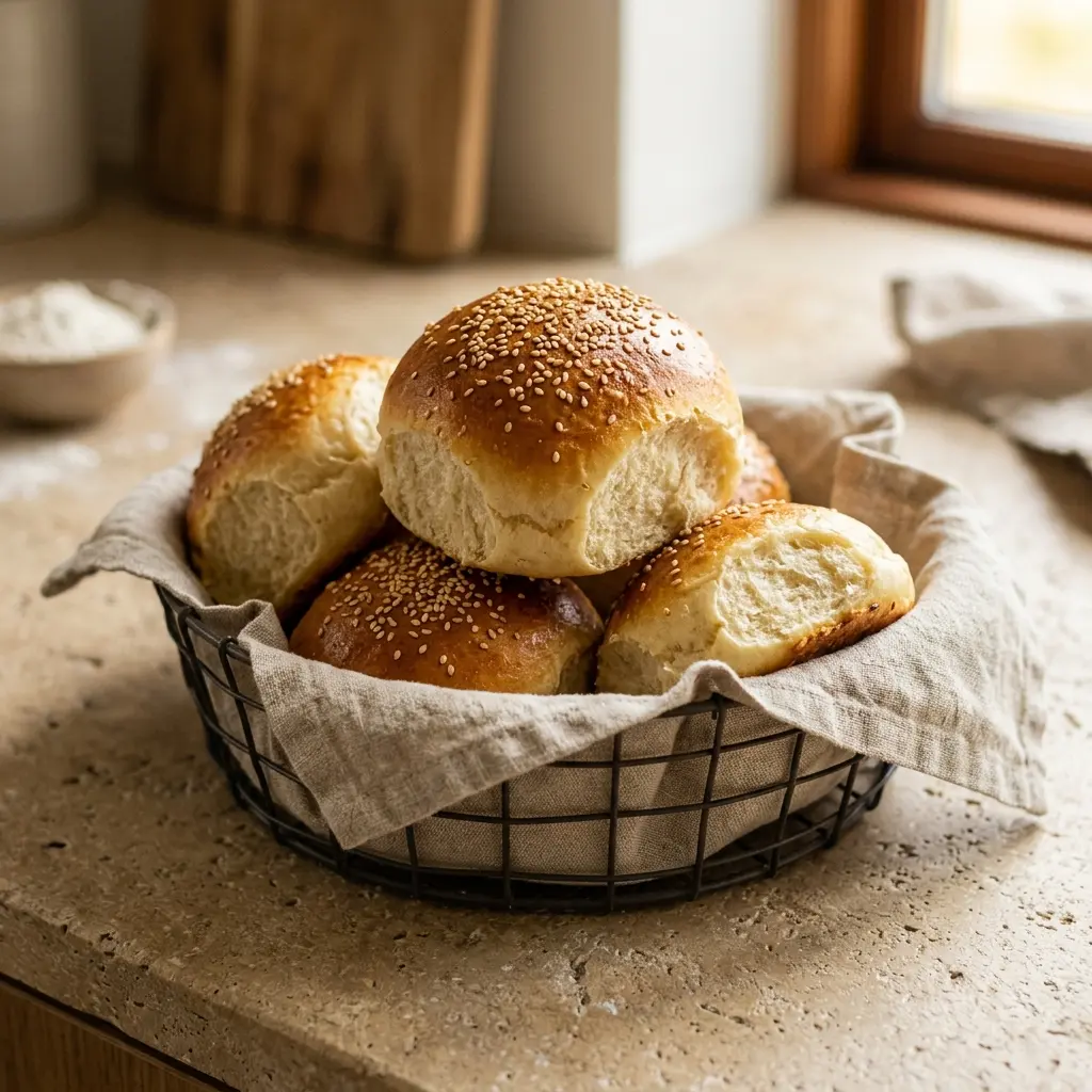 Serviervorschlag für Hausgemachte Burgerbrötchen frisch und appetitlich angerichtet