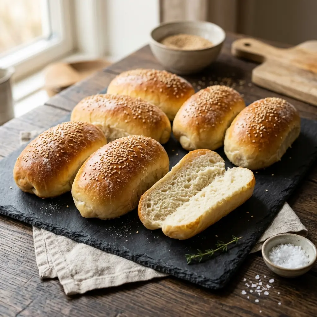 Serviervorschlag für Hausgemachte Hotdog-Brötchen frisch und appetitlich angerichtet