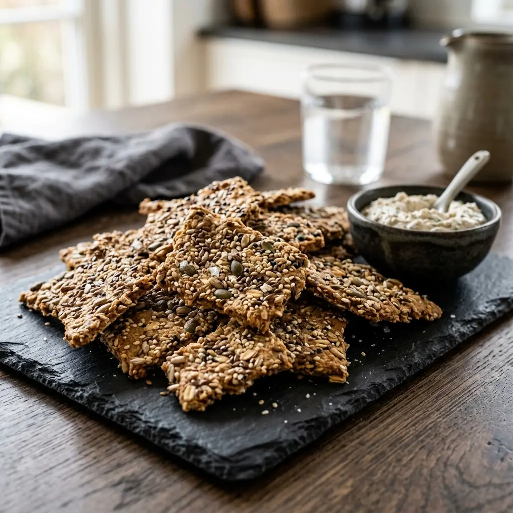 Serviervorschlag für Hausgemachte Knäckebrotchips frisch und appetitlich angerichtet