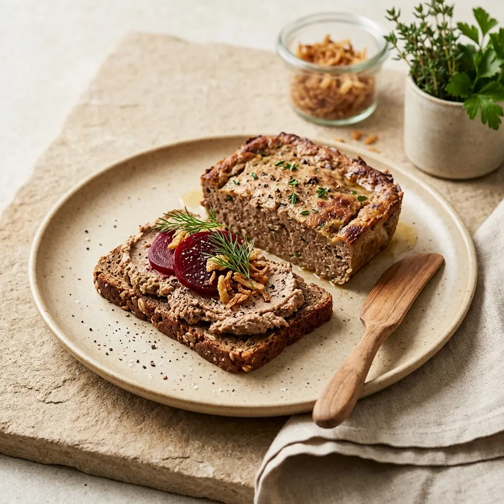 Hausgemachte Leberpastete fertig als Gericht serviert