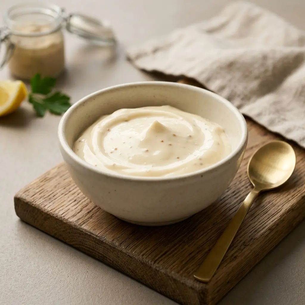 Eine Schale Hausgemachte Mayonnaise als geschmackvolle Beilage serviert