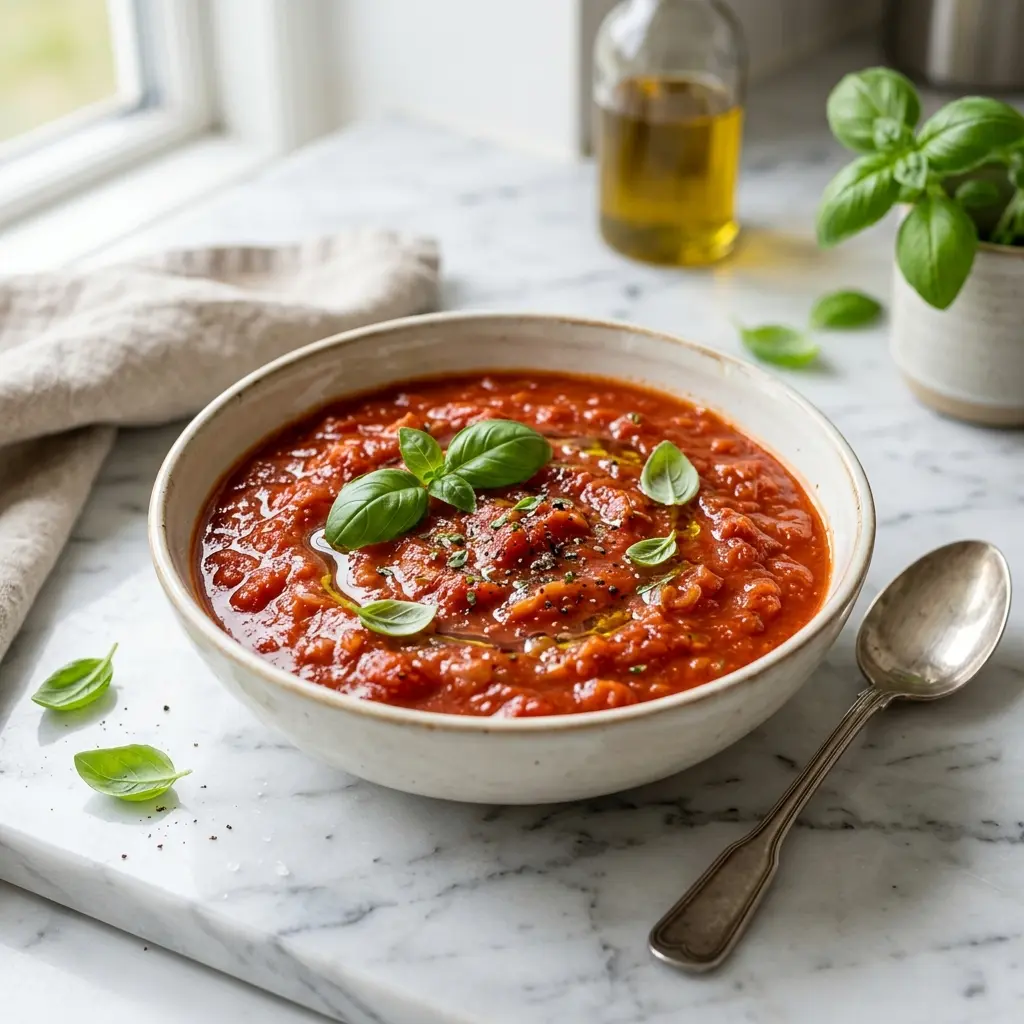 Eine Schale Hausgemachte Tomatensauce als geschmackvolle Beilage serviert