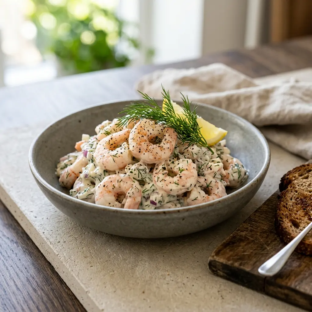Frische Portion Hausgemachter Garnelensalat mit ansprechender hausgemachter Präsentation