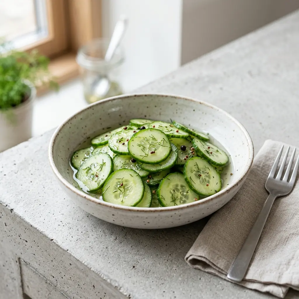 Frische Portion Hausgemachter Gurkensalat mit ansprechender hausgemachter Präsentation
