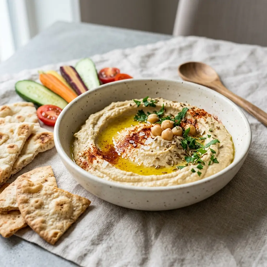 Hausgemachter Hummus fertig als Sauce oder Dip serviert