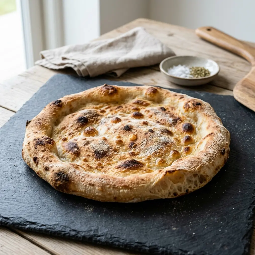 Hausgemachter Pizzateig fertig gebacken und serviert