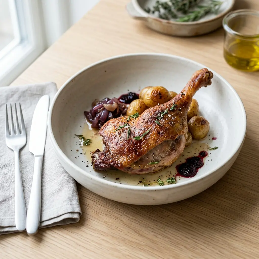 Hausgemachtes Confit aus Entenkeulen fertig als Gericht serviert
