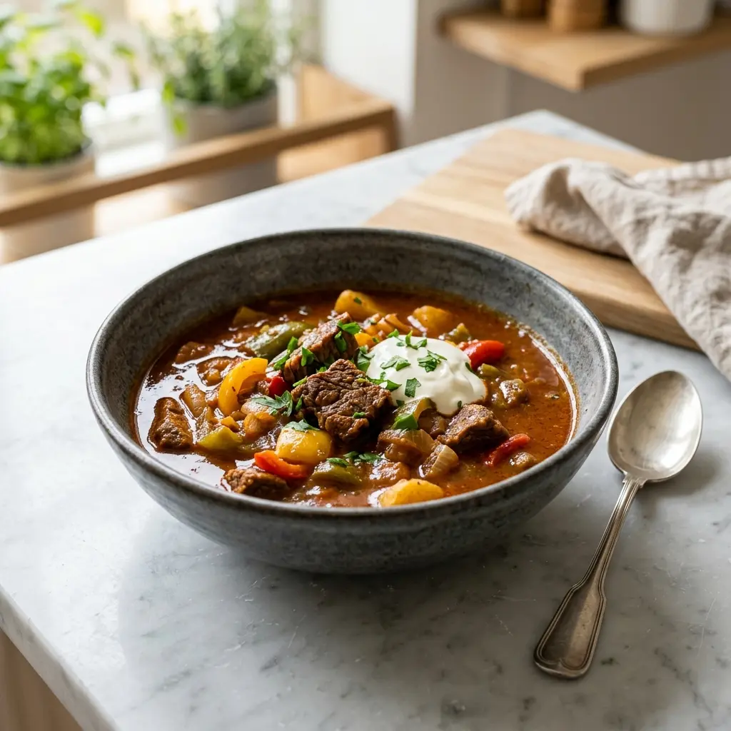 Hausgemachtes Gulasch fertig als Gericht serviert
