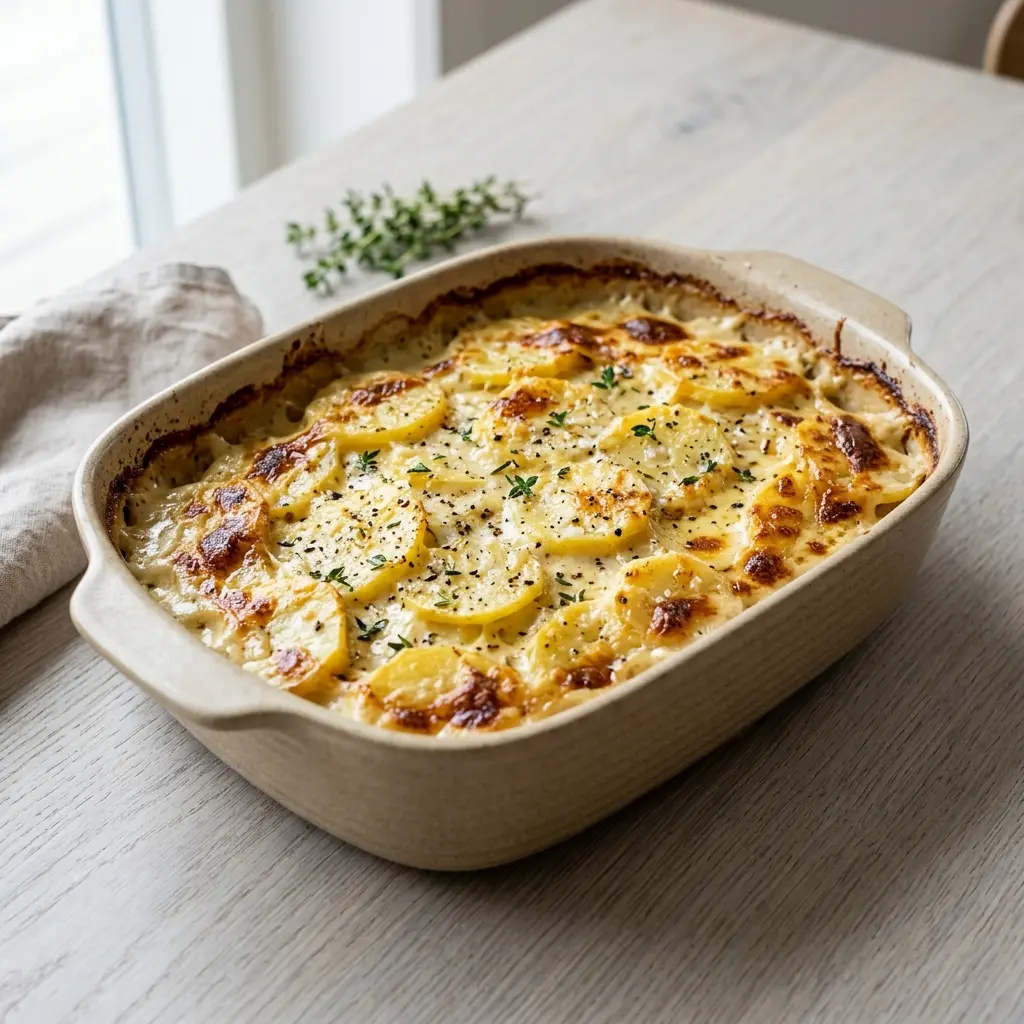 Hausgemachtes Kartoffelgratin fertig als Gericht serviert