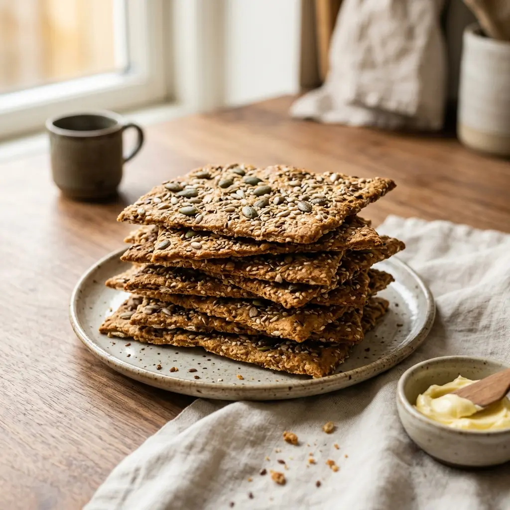 Serviervorschlag für Hausgemachtes Knäckebrot frisch und appetitlich angerichtet