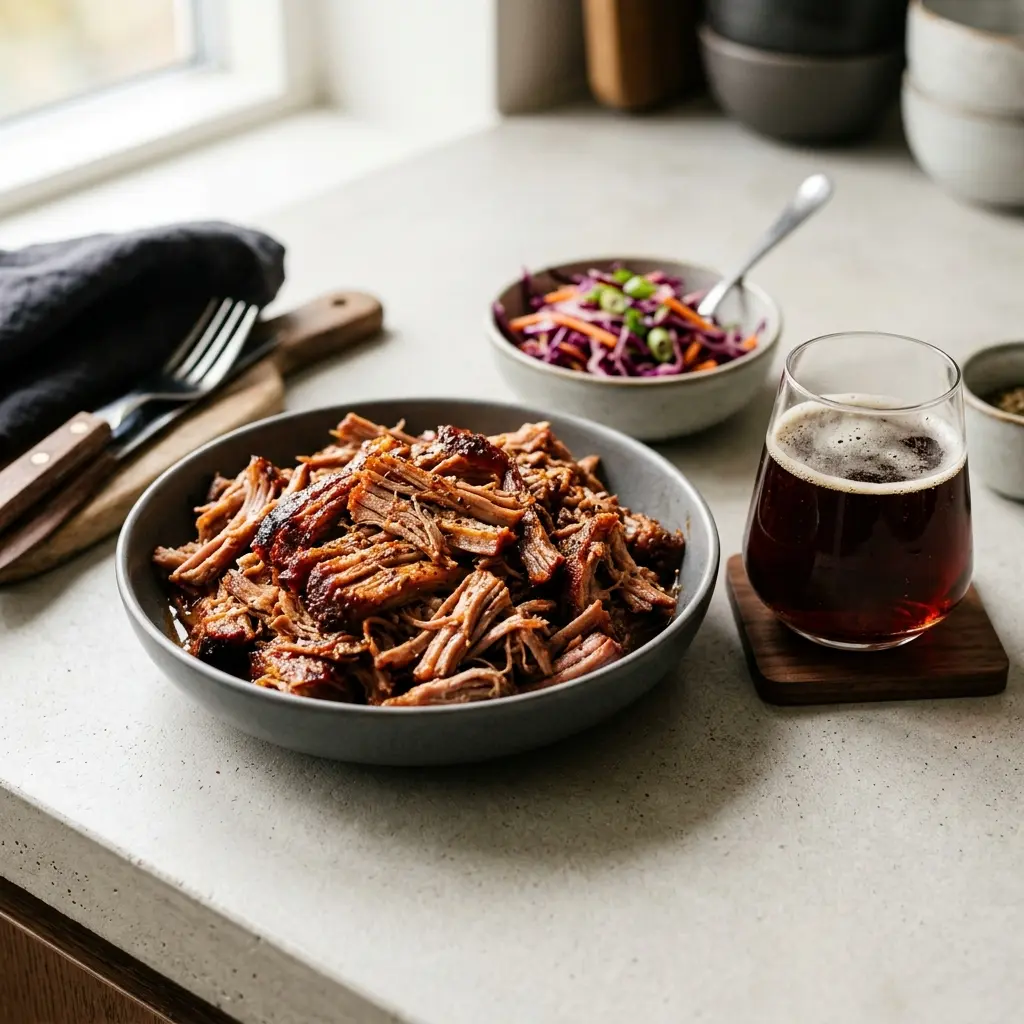 Hausgemachtes Pulled Pork fertig als Gericht serviert