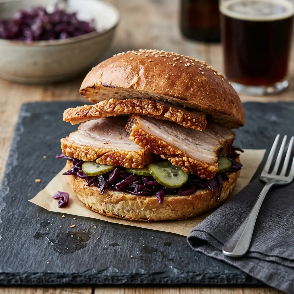 Hausgemachtes Schweinebraten-Sandwich fertig als Gericht serviert