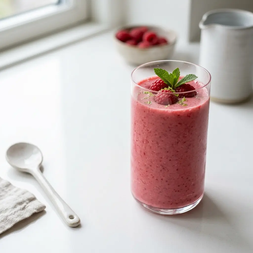 Ein Glas Himbeer-Smoothie kalt und frisch serviert