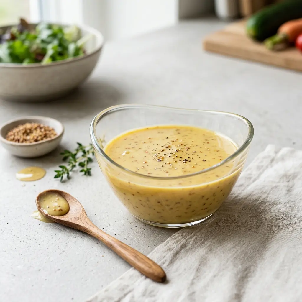 Eine Schale Honig-Senf-Dressing als geschmackvolle Beilage serviert