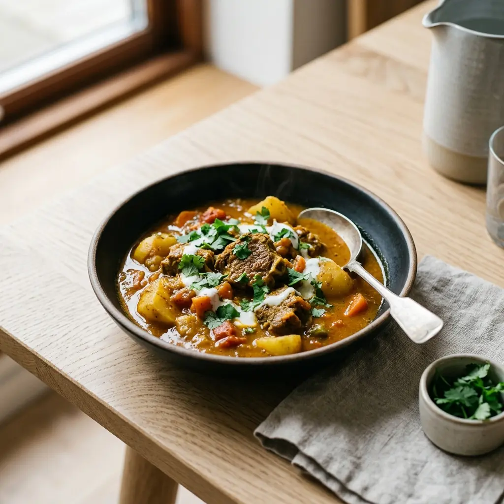 Indischer Lammeintopf fertig als warme Suppe serviert
