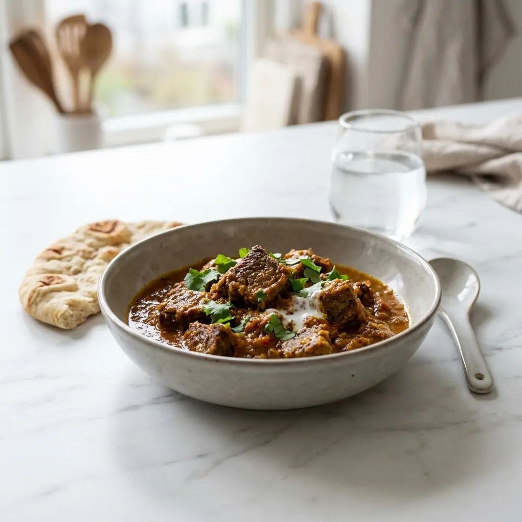 Indischer Rindfleischeintopf fertig als warme Suppe serviert