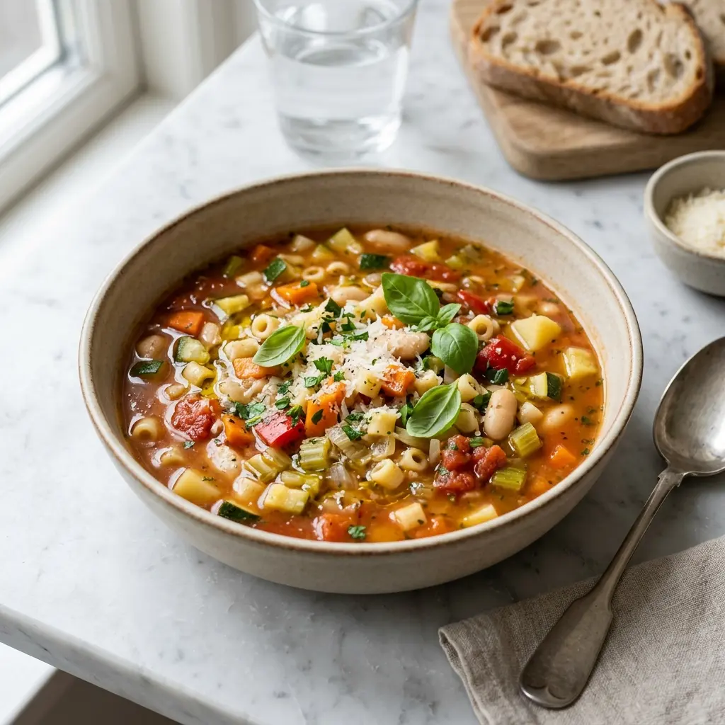 Eine warme Portion Italienische Gemüsesuppe appetitlich serviert