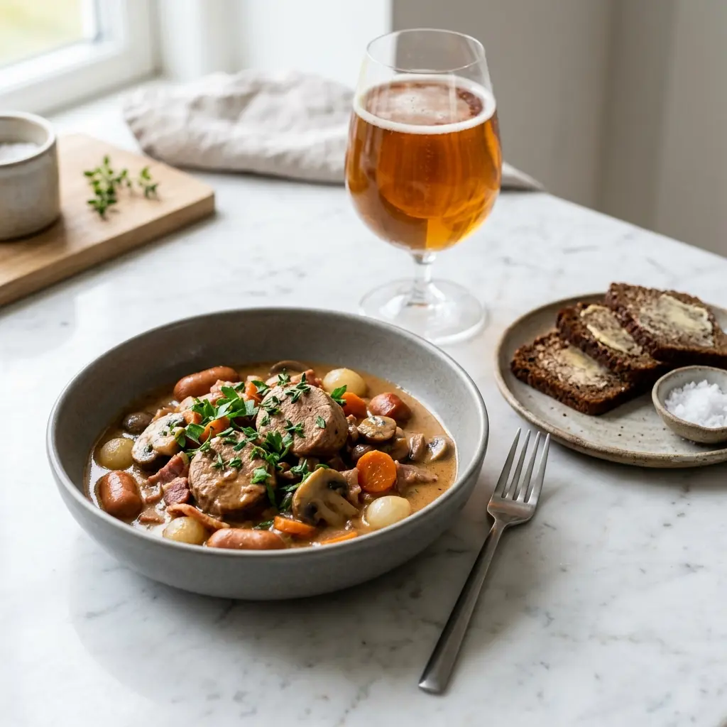Jägareintopf mit Schweinefilet fertig als warme Suppe serviert