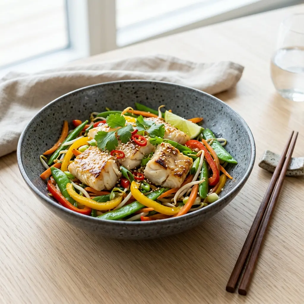 Kabeljau aus dem Wok fertig als Gericht serviert